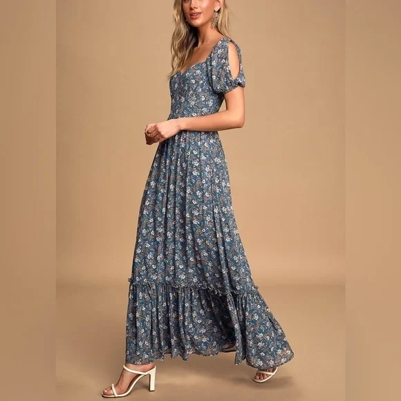 Lulus Feeling Fond Blue Floral Print Puff Sleeve Maxi Dress - Picture 3 of 12